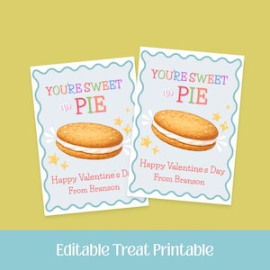 May include: Two Valentine's Day cards with a light blue border and a cartoon image of a pie. The cards read "You're sweet as pie" and "Happy Valentine's Day From Branson". The cards have a yellow background.