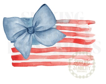 Preppy American Flag PNG | Preppy Bow Flag | Watercolor Grandmillenial Fourth of July | Preppy Patriotic Clip Art | Fourth of July Preppy