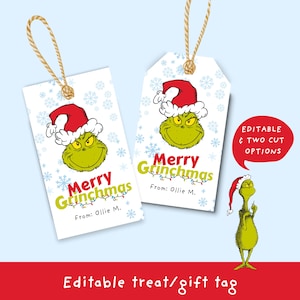 EDITIERBARE Grinch Treat Geschenkanhänger, Weihnachtssüßigkeit Bag Topper, Merry Grinchmas!
