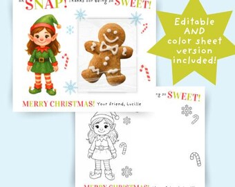 May include: Christmas-themed greeting cards with an elf illustration and a gingerbread man. The cards have the text "SNAP! Thanks for being so SWEET!" and "MERRY CHRISTMAS! Your friend, Lucille". A color sheet version is included.