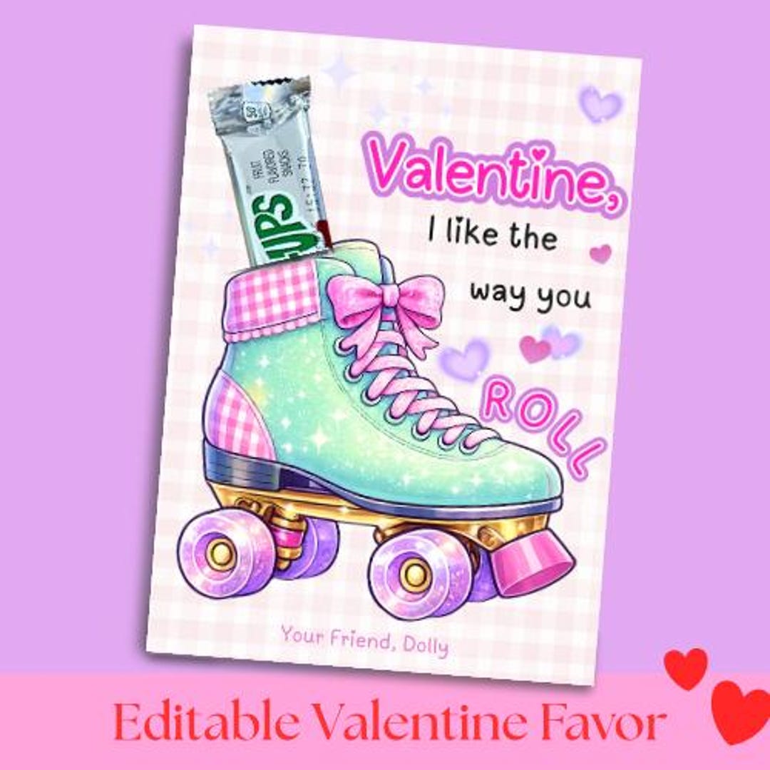 Roller Skate Valentine Card, Editable Classroom Favor, Canva Template ...