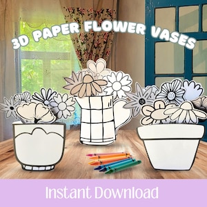 Könnte beinhalten: Drei 3D-Papier-Blumenvasen mit verschiedenen Blumendesigns, darunter Gänseblümchen und andere Blumenformen. Die Vasen sind weiß mit schwarzen Umrissen, und das Bild enthält den Text "3D PAPER FLOWER VASES" und "Instant Download."