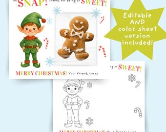 May include: Christmas-themed card with a cartoon elf and gingerbread man. The card reads "oh SNAP! Thanks for being so SWEET!" and "MERRY CHRISTMAS! Your friend, Lucas." A color sheet version is also included.
