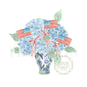 Chinoiserie blauwe hortensia patriottisch, png | Chinoiserie Patriotic | Patriottische illustraties | Preppy Fourth of July | Zuidelijke preppy-illustraties