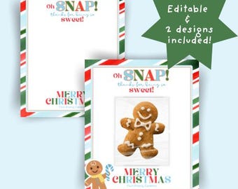 May include: Christmas-themed greeting cards with a gingerbread man image. The cards have a white background with red, green, and blue striped borders. Text includes "Oh SNAP! thanks for being so sweet!" and "Merry Christmas".