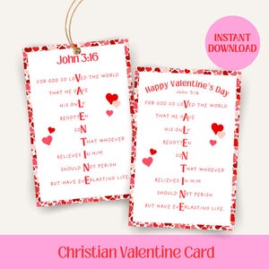 May include: Two Valentine's Day cards with red heart borders and text from John 3:16. One card says "Happy Valentine's Day" and the other says "John 3:16". Both cards have red heart accents and are tied together with twine.