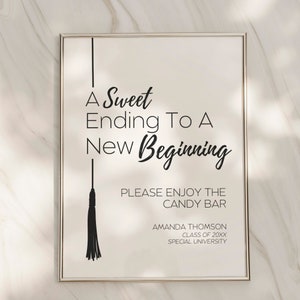 May include: A black and white sign with the text "A Sweet Ending To A New Beginning" and "Please Enjoy The Candy Bar". Below the text is the name "Amanda Thomson", "Class of 20XX", and "Special University".