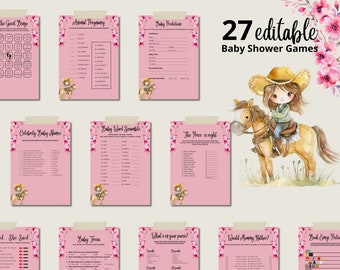 Lot de jeux de baby shower de cow-girl, baby shower du Far West, lot de jeux de baby shower de cow-boy floral rose, modèle modifiable