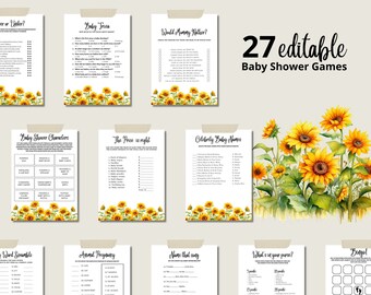 May include: A set of 27 printable baby shower games featuring a sunflower theme. The games include "Baby True or False", "World Mommy Ruler", "Baby Shower Characters", "The Price is Right", "Celebrity Baby Names", "Word Scramble", "Animal Hegmancy", "Name That Song", "What's in Your Purse", and "Bingo".
