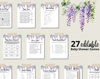 Paquete de juegos para baby shower con glicinas, juegos para baby shower con flores moradas, paquete de juegos para baby shower editable e imprimible