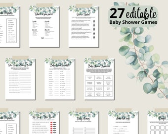 Eucalyptus Baby Shower Games Bundle, Greenery Baby Shower Games, Editable Printable Baby Shower Game Pack