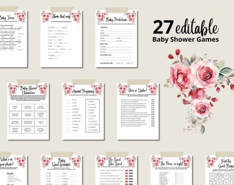 Pink Roses Baby Shower Games Bundle, Pink Flowers Baby in Bloom Baby Shower Games, Editable Printable Baby Shower Game Pack Template
