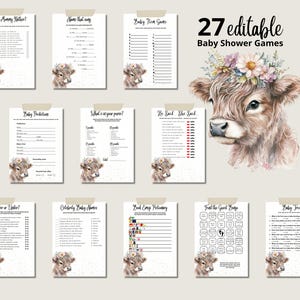 Pacchetto giochi per baby shower Highland Cow, gioco per baby shower Spring Flower, pacchetto giochi per baby shower stampabili e modificabili