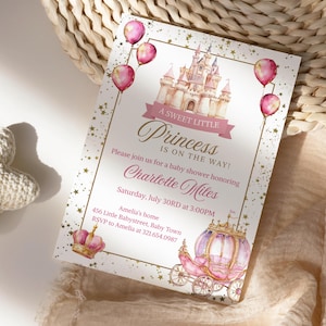 A Sweet Little Princess Baby Shower Invitation, Carriage, Pink Castle Invite, Royal Princess Baby Shower Evite, Canva Template PM016B