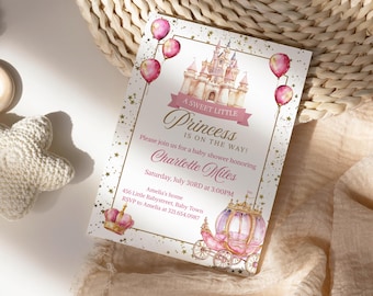 A Sweet Little Princess Baby Shower Invitation, Carriage, Pink Castle Invite, Royal Princess Baby Shower Evite, Canva Template PM016B