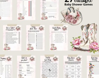 Lot de jeux de baby shower de cow-girl, baby shower du Far West, lot de jeux de baby shower de cow-boy floral rose, modèle modifiable
