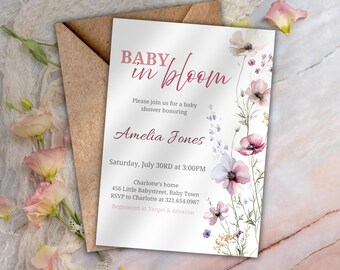 Baby in Bloom Baby Shower Invitation, Edytowalne Wildflower Baby Shower Invitation, Spring Flower Invite, Watercolor Floral Baby Shower