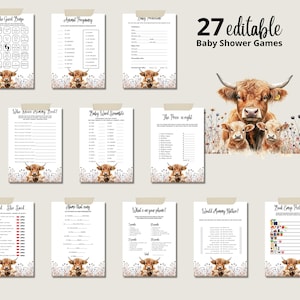 Twin Highland Cow Baby Shower Games Bundle, Flower Baby Shower Game, Editable Printable Baby Shower Game Pack