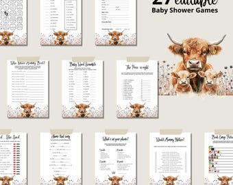 May include: A set of 27 printable baby shower games featuring a watercolor illustration of a Highland cow and calves. The games include "The Price is Right", "Baby Word Scramble", "Who Knows Mommy Best?", "What's on your phone?", "Would Mommy Rather?", "She Said", "Name That Song", "Animal Pregnancy", "Guess the Baby Burp", and "Book Baby Picture".