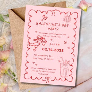 Uitnodiging voor meisjesfeest Galentines Day, Valentijnsdag handgetekende uitnodiging, bewerkbare canvassjabloon