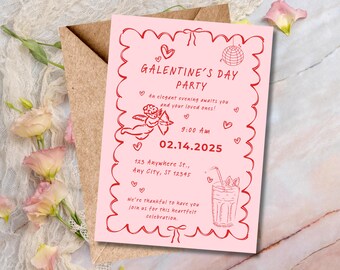 Galentines Day Girls Party Invitation, Valentines Day Hand Draw Invite, Editable Canva Template
