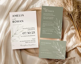 Sage Green Wedding Invitation Suite with QR Code RSVP, Save the Date, Details Card, Modern Invite Bundle, Editable Canva Template PM002W