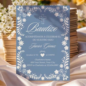 Cielito Lindo Baptism Party Invitation, Editable Dusty Blue Digital Spanish Template for Bautizo Celebration, Instant download, Canva PM009D