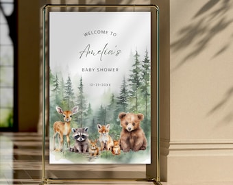 Woodland Baby Shower Welcome Sign, Woodland Animals Boho Themed Baby Shower Welcome Board, Forest Babyshower, Editable Canva Template