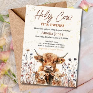 Twin Highland Cow Baby Shower Invitation, Holy Cow It's Twins Baby Shower Invite, Farm, Ranch, Editable, Printable Canva Template