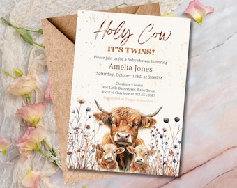 Twin Highland Cow Baby Shower Invitation, Holy Cow It's Twins Baby Shower Invite, Farm, Ranch, Editable, Printable Canva Template