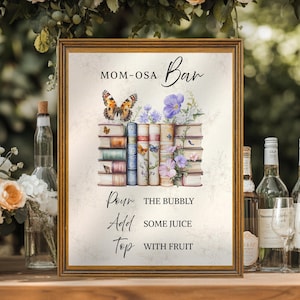 Un nouveau chapitre commence la fête prénatale de maman, panneau imprimable menu Momosa Bar, livre d'histoires Baby Shower bar panneau, modèle Canva
