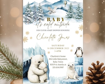 Convite para Chá de Bebê "Está Frio Lá Fora, Bebê": Modelo Digital Editável com Urso Polar em um País das Maravilhas de Inverno - PM079B