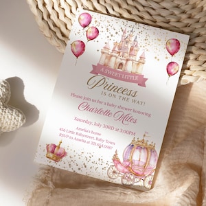A Sweet Little Princess Baby Shower Invitation, Carriage, Pink Castle Invite, Royal Princess Baby Shower Evite, Canva Template PM017B