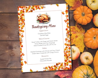 Thanksgiving Menu Card Template, Friendsgiving Menu Printable, Thanksgiving Menu, Instant Download, Canva Template