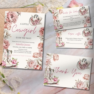 Cowgirl babyshower uitnodiging, een kleine cowgirl is onderweg, western thema bewerkbare babyshower uitnodigingsbundel, canvas sjabloon