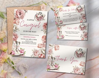 May include: A pink and white baby shower invitation with a floral design and the text "A Little Cowgirl is on the Way!"  The invitation includes the name Amelia Jones, the date and time of the shower, and the location.  There are also three smaller cards with floral designs and the text "Books for Baby", "Diaper Raffle", and "Thank You".