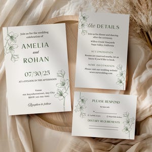 Sage Green Flowers Wedding Invitation Suite with QR Code RSVP, Save the Date, Details Card, Modern Invite Bundle, Canva Template PM009W