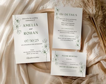 Sage Green Flowers Wedding Invitation Suite with QR Code RSVP, Save the Date, Details Card, Modern Invite Bundle, Canva Template PM009W