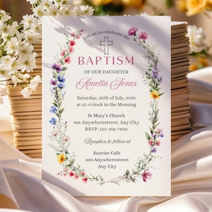 Wildflower Baptism Party Invitation, Editable Girl Baptism Celebration Invite, Pink Floral Christening Invitation, Canva Template PM003D
