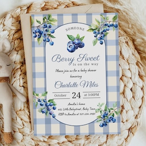 Blueberry Baby Shower Invitation, A Berry Sweet Baby Is On The Way, Blueberry Invite, Berry Boy Invitation, Editable Canva Template PM004B