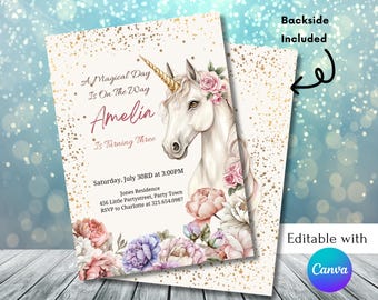 May include: A white unicorn with a pink flower crown and gold glitter background. The text reads "A Magical Day Is On The Way Amelia Is Turning Three" with a date and time for a party.