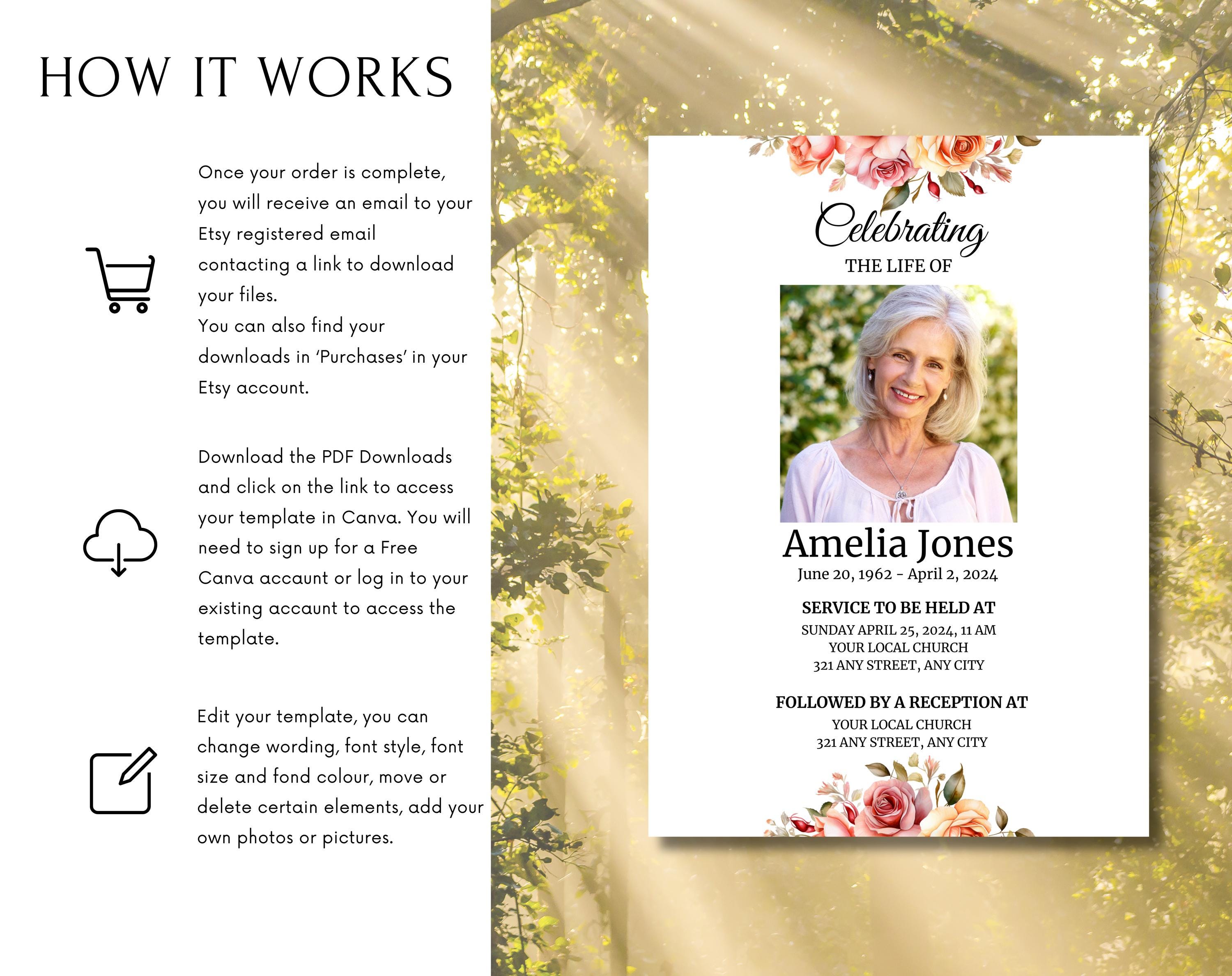 Editable Celebration of Life Invitation, Pink Roses Funeral Invitation ...