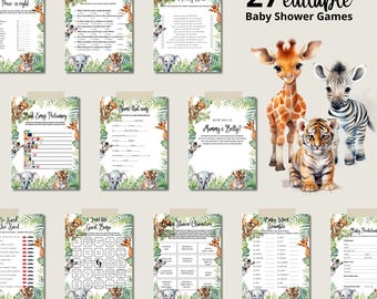 May include: A set of 27 printable baby shower games featuring a jungle theme. The games include "Baby Trivia", "Would Mommy Rather", "How Big Is Mommy's Belly", "Guess the Guest Bring", "Baby Shower Characters", "Baby Word Scramble", "Price is Right", "I've Heard She Said", "Book Baby Pictonary", "Name That Baby Song", and "Baby Predictions".