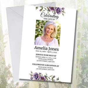 Faire-part modifiable pour les célébrations de la vie, faire-part pour les funérailles florales, célébrer la vie des funérailles inviter un service commémoratif, modèle sur toile