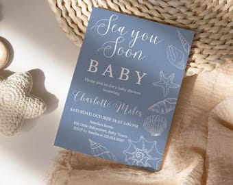 Sea You Soon Baby Shower Invitation, Seashell Theme Baby Shower Invite, Summer Beach Party Baby Shower Evite, Canva Template PM024B