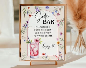 Letrero de bar de refrescos, letrero floral editable para fiesta de verano en la piscina, letrero de refrescos silvestres para bodas y graduaciones, plantilla de Canva PM001A