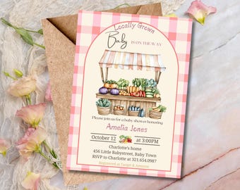Locally Grown Baby Shower Invitation, Editable Farmers Market Baby Shower Invite, Baby Girl, Canva Template