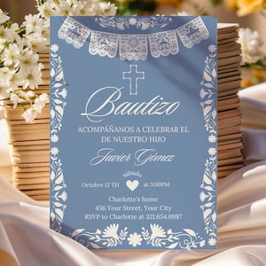 Cielito Lindo Baptism Party Invitation, Editable Dusty Blue Digital Spanish Template for Bautizo Celebration, Instant download, Canva PM001D