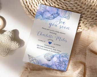 Sea You Soon Baby Shower Invitation, Seashell Theme Baby Shower Invite, Summer Beach Party Baby Shower Evite, Canva Template PM022B