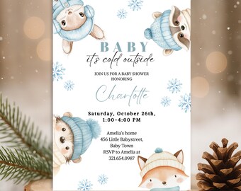 May include: Baby shower invitation with watercolor illustrations of woodland animals wearing blue winter hats. The invitation reads "Baby, it's cold outside" and includes event details for Charlotte.